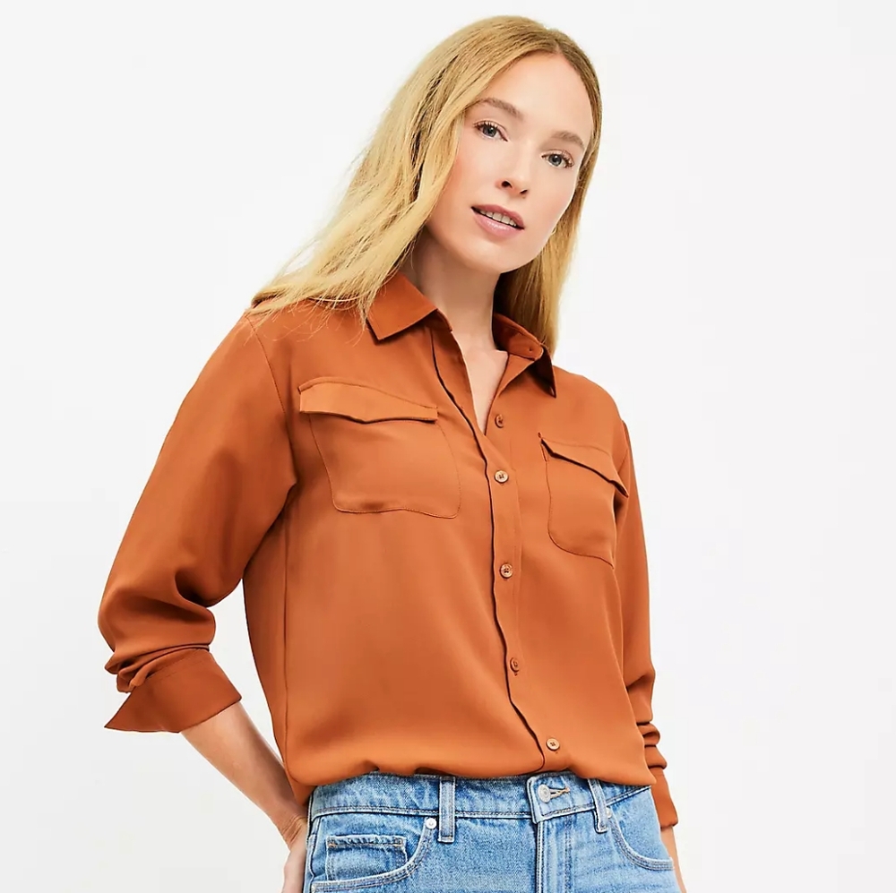 LOFT Orange Cuffed Sleeve Button Down Shirt with Notched Collar